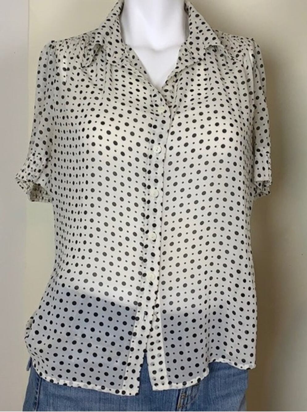 Vintage 90s sheer white polka dot short sleeve blouse sz M